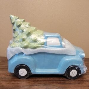 Christmas Blue Truck Cookie Jar Lid Tree Snow Ceramic Storage Countertop New‎